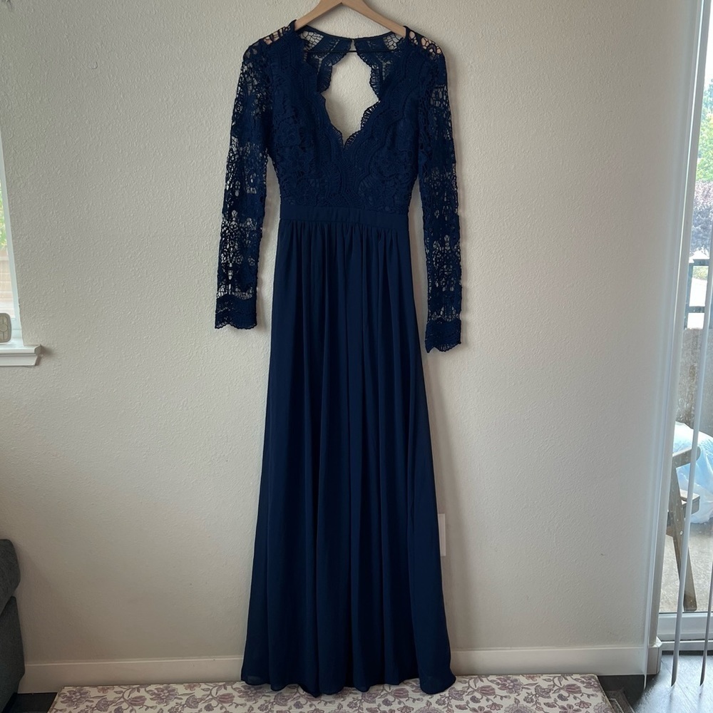 NWT Lulu's Navy Blue Awaken My Love Long Sleeve Lace Maxi Dress- Size M - Picture 6 of 14